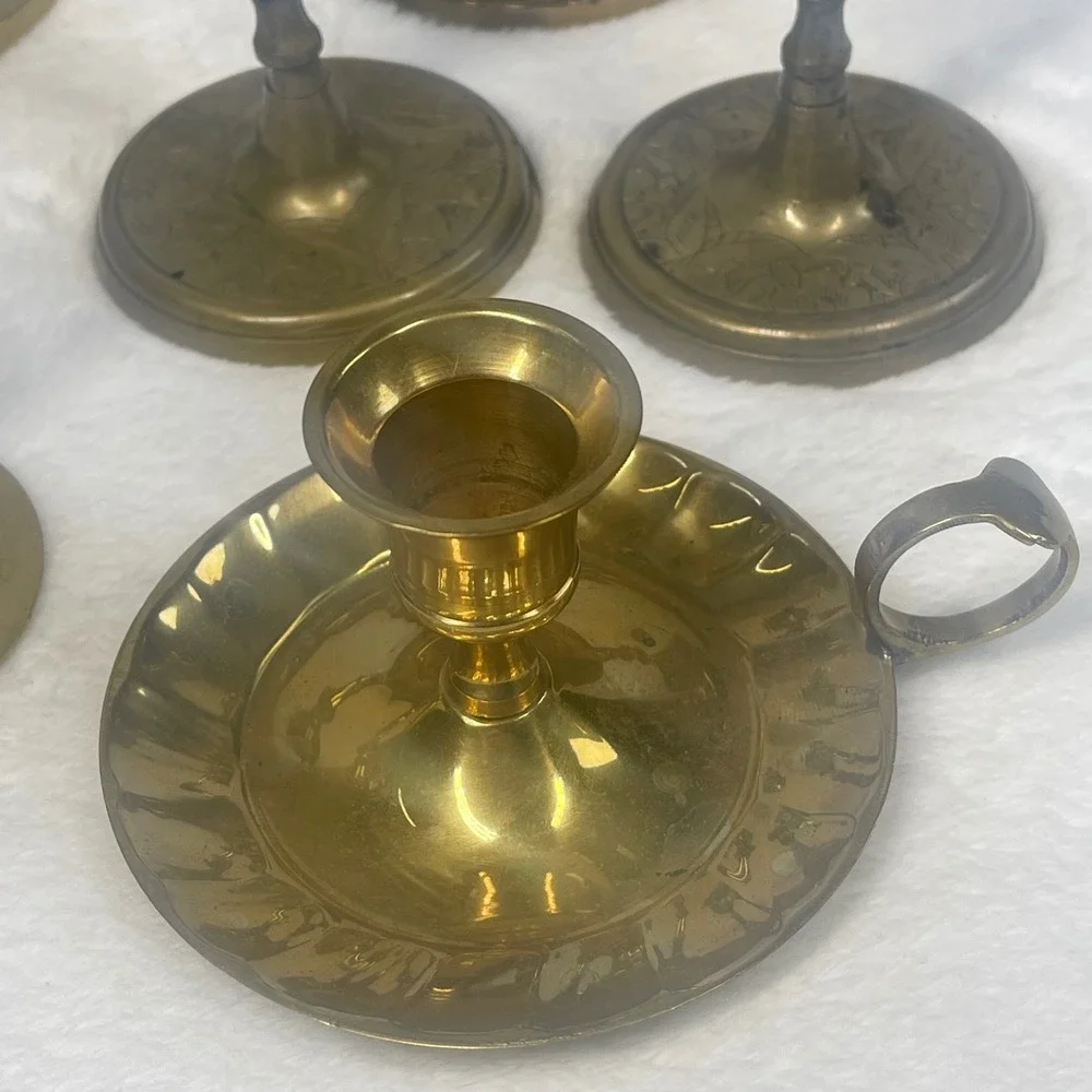Vintage Brass Candle Holder Set of 8 Mixed Heights Etched Floral Chamberstick